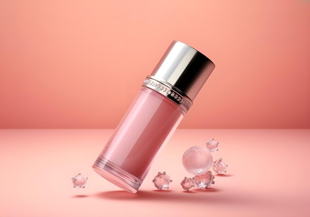 Foto bottiglia cosmetica di vetro rosa per liquido contenitore con distributore di rossetto