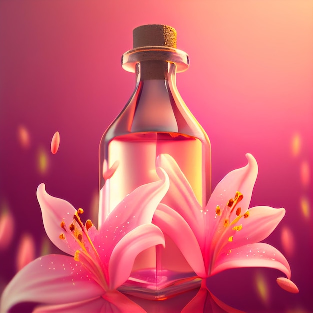 Pink Glass Elegant Perfume Bottle with Lily in Blossom Illustration Generative AI