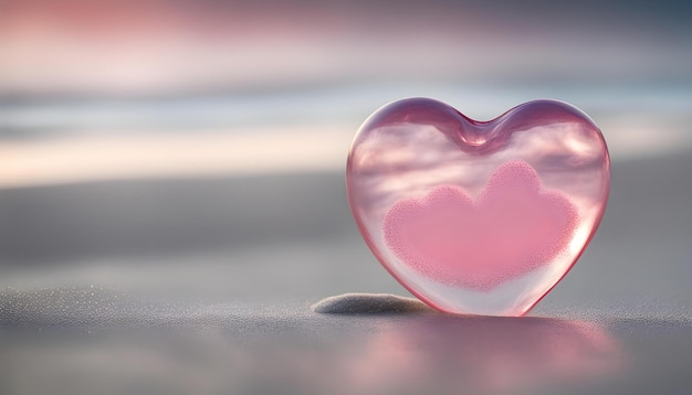 a pink glass heart with the sky in the background