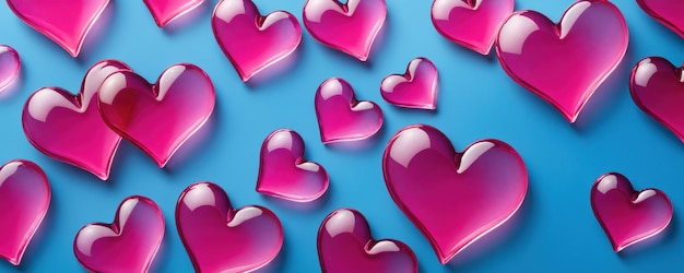 Pink glass transparent hearts valentines day abstract blue background and design backdrop pragma