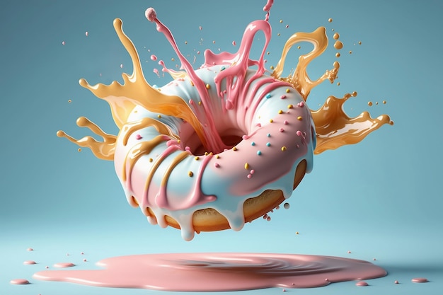 Photo pink glazed donut on pastel blue background