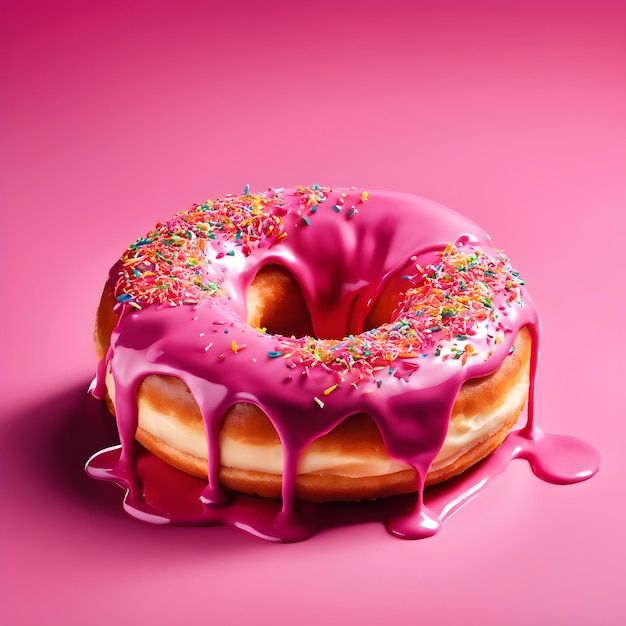 Pink glazed donut with sprinkles on pink background