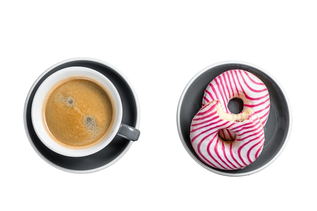 Pink glazed donuts with cup of coffee Doughnut Isolated on white background