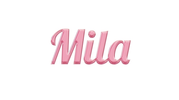 「mia」の文字が入ったピンク色の光沢のあるネームタグ。