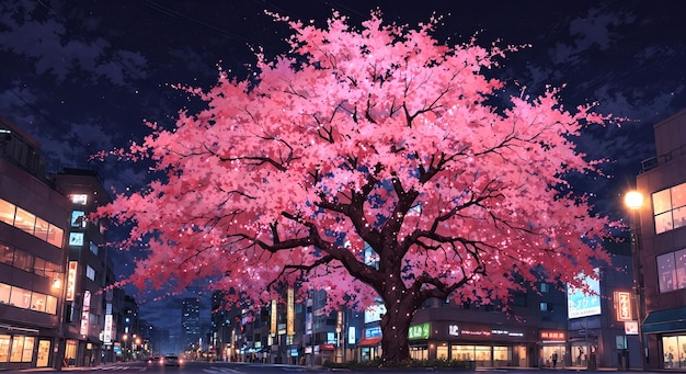 Pink glowing cherry blossom illustration with a night city street background