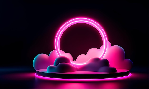 Pink glowing ring light on a dark background with pink abstract clouds