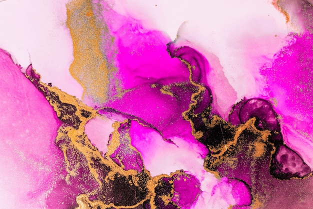 Fondo astratto dell'oro rosa della pittura di arte dell'inchiostro liquido di marmo su carta.