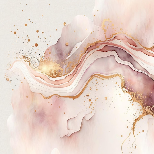 A pink and gold abstract painting with gold and pink paint.