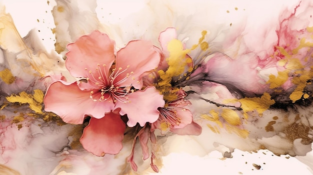 Pink and Gold Alcohol Floral Flower Ink Painting A Luxurious and Elegant Artwork Generative AI