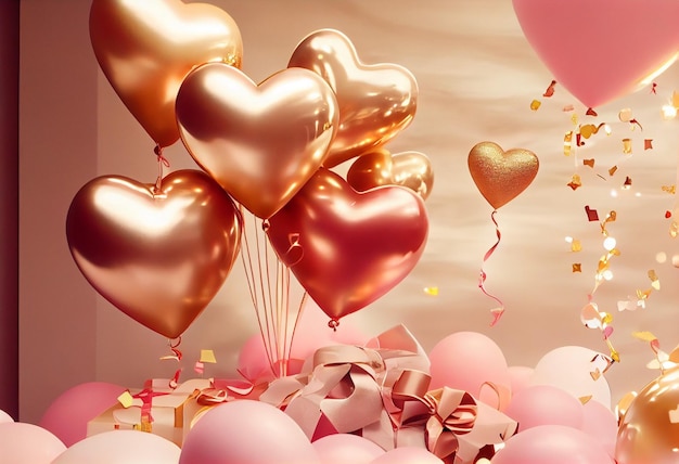 A pink and gold background with a bunch of balloons and a gift box and a pink ribbon.