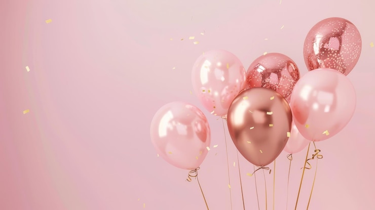 Photo pink and gold balloons on a pink background with gold confetti