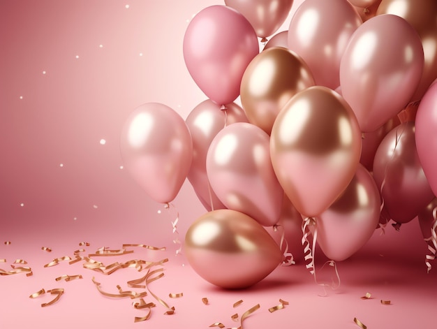 Pink and gold balloons on a pink background
