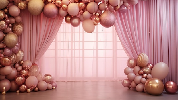 Розово-золотые воздушные шары для декора комнаты и зала.