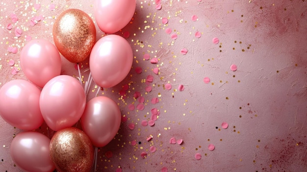 Pink and Gold Balloons with Festive Confetti and Sparkles