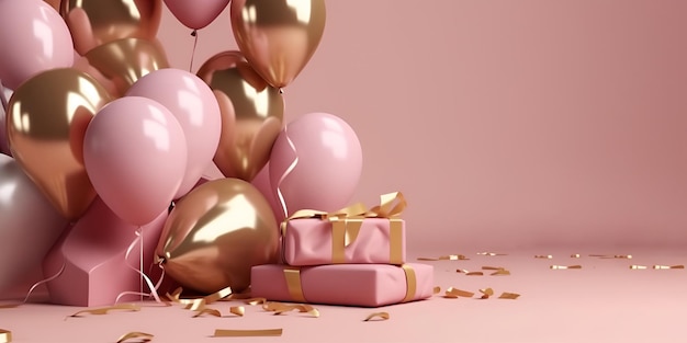 파스텔 배경 배너에 선물 상자가 있는 분홍색 및 금색 풍선