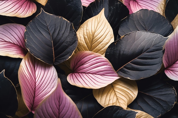 Pink gold and black leaves background