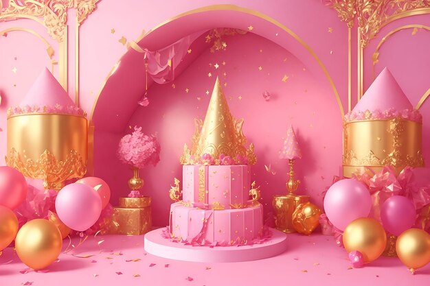 a pink and gold cake with a pink background with a gold crown