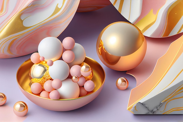 A pink and gold egg bowl with a gold spoon and a gold egg on the top