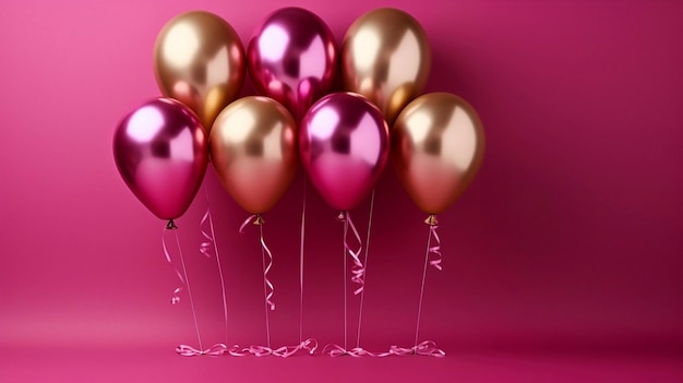 Pink and gold festive background balloons on bright backdrop