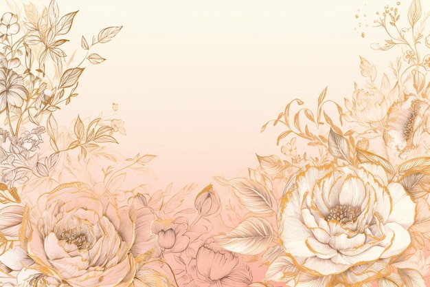 Pink and gold floral background with a frame of peonies and leaves.