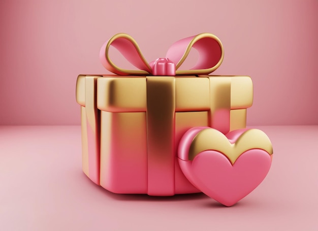 pink and gold gift box with love heart icon 3d rendering