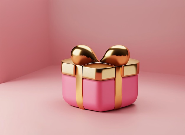 pink and gold gift box with love heart icon 3d rendering