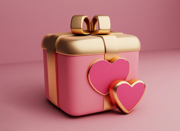 pink and gold gift box with love heart icon 3d rendering