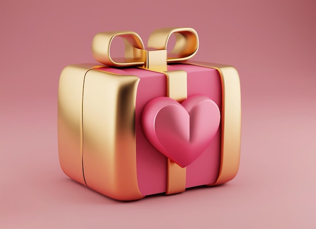 사랑의 심장 아이콘과 함께 분홍색과 금색 선물 상자 3D 렌더링