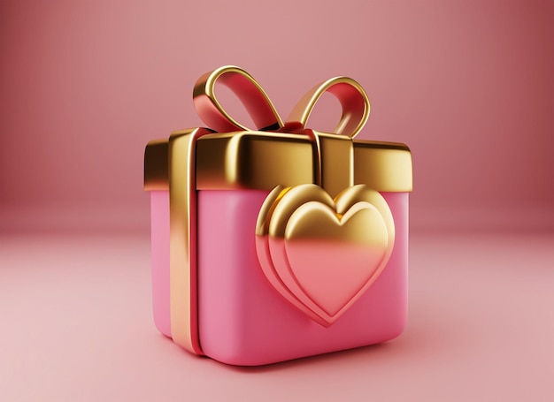 pink and gold gift box with love heart icon 3d rendering