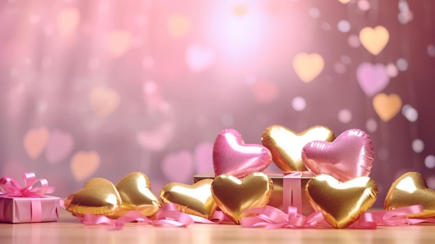 A pink and gold heart shaped balloon sits on a table with a pink background