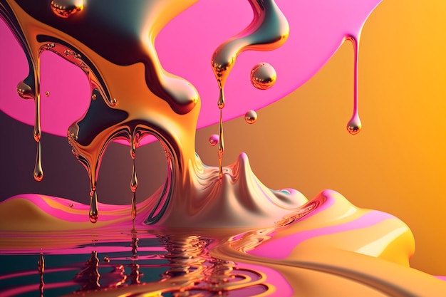 A pink and gold liquid with a drop of liquid in the middle.