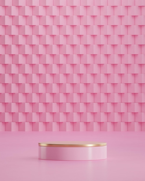 Pink and gold podium on modern block background for product\
placement 3d render