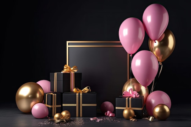 Pink and gold present boxes balloons and interior mockup scenario with a black background For birthday party or promotion posters or banners use realistic shiny objects area left empty for a pos