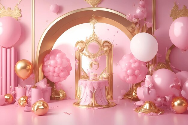 a pink and gold room with balloons and balloons.