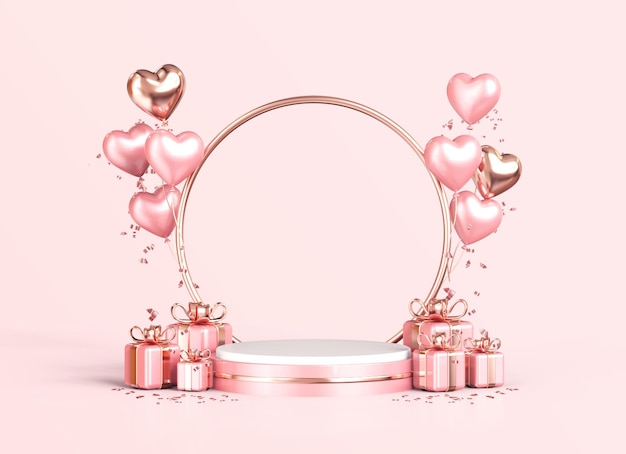 Photo pink and gold valentines day podium for product display 3d rendering