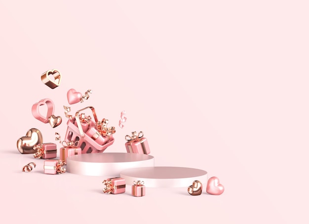 Photo pink and gold valentines day podium for product display 3d rendering