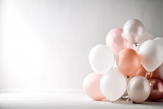 Pink gold and white balloon on white background with copy space