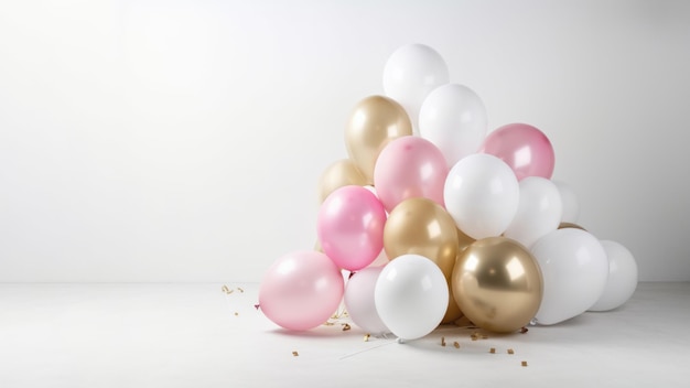 Pink gold and white balloon on white background with copy space