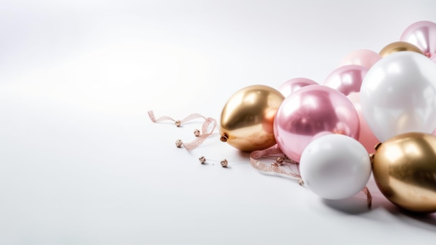 Pink gold and white balloon on white background with copy space