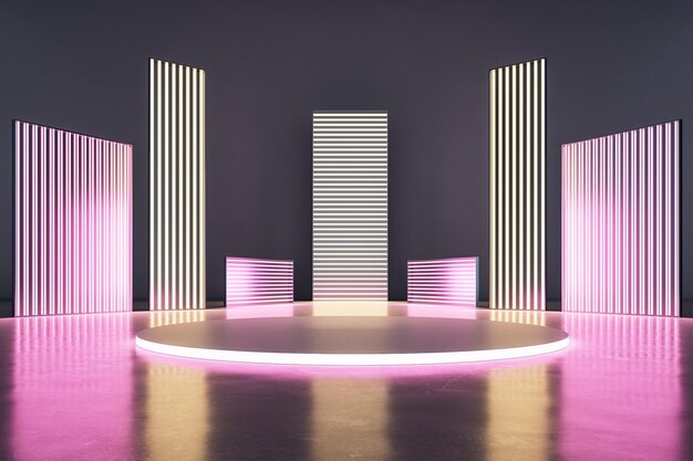 Photo pink and golden neon light bars of different height with an empty podium in the middle of an blank space modern exhibition and showroom concept 3d rendering mockup