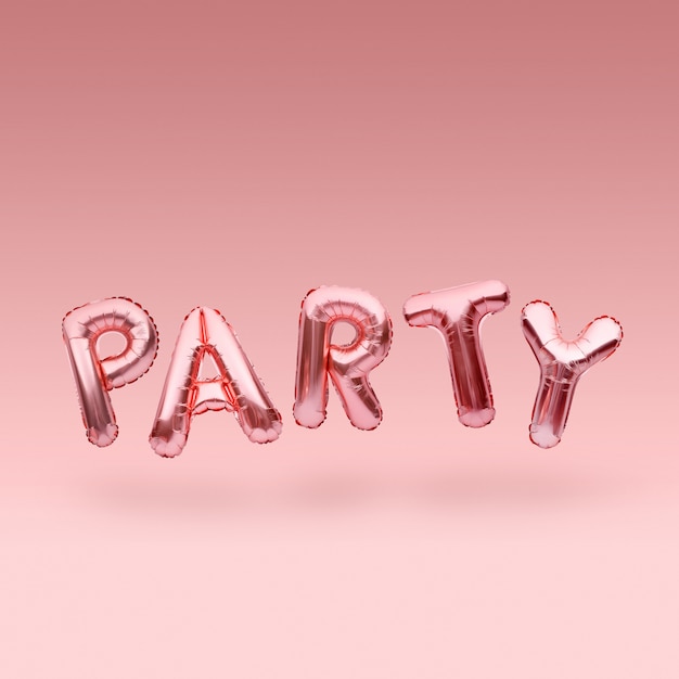 Фото Розовое золотое слово party из надувных шаров, плавающих на розовом фоне. розовое золото фольгированный шар буквы. концепция праздника.
