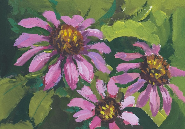 Pink gouache flowers. A pink cynia was blooming in the garden. Delicate soft flowers illustration