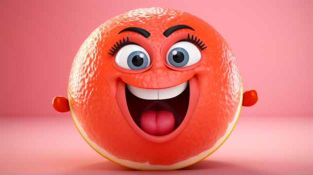 Фото Розовый грейпфрут с веселым лицом 3d на оранжевом фоне