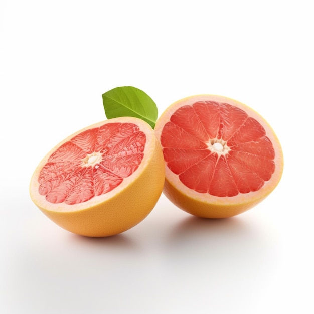 A pink grapefruit with a green leaf is on a white background.