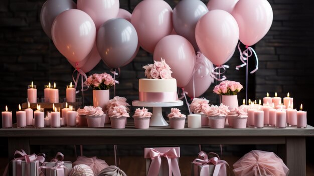 Photo pink and gray balloons and cupcakes for a birthday party