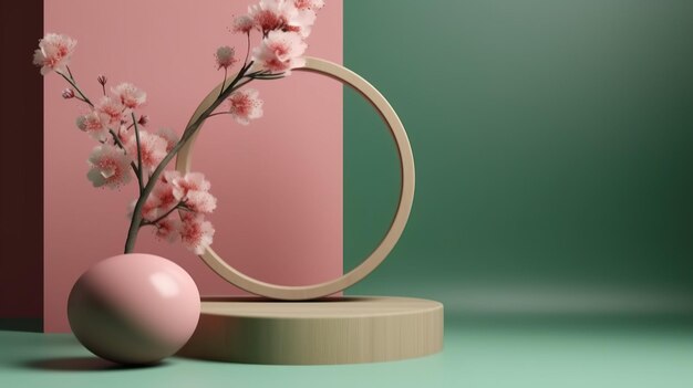 A pink and green background with a circle and a pink flower.