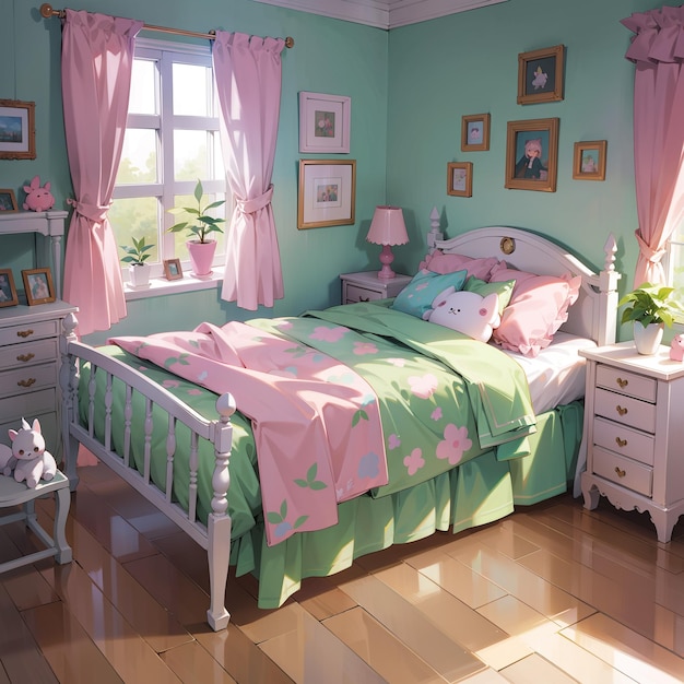 Pink and green childrens bedroom design with windows