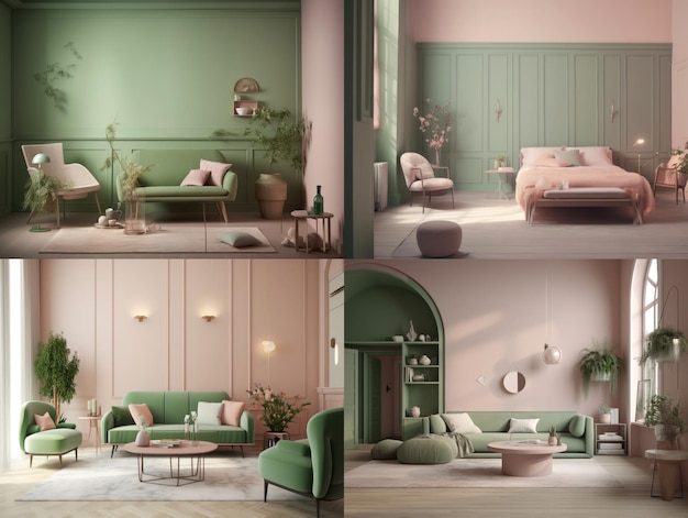 Розово-зеленый интерьер комнаты в деревенском стиле Generative AI