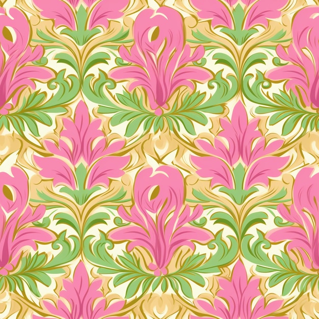 Photo a pink and green floral pattern with swirls and leaves generative ai