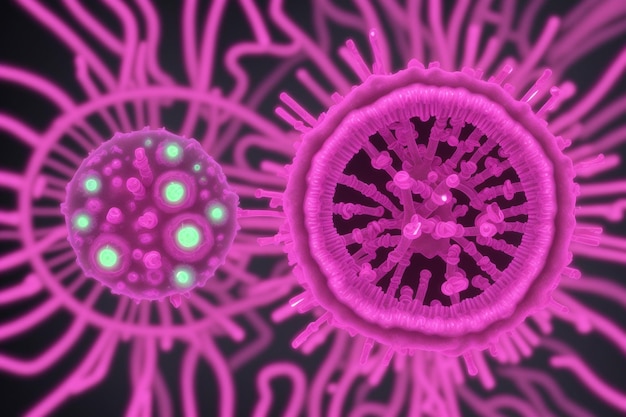 A pink and green image of a virus that is on a black background.